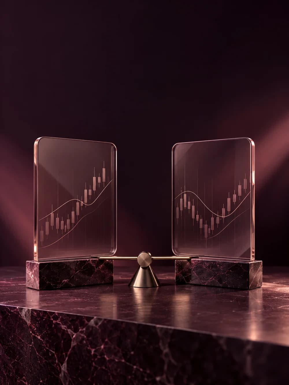 Two smoked glass panels and a silver balance in a softly lit plum studio