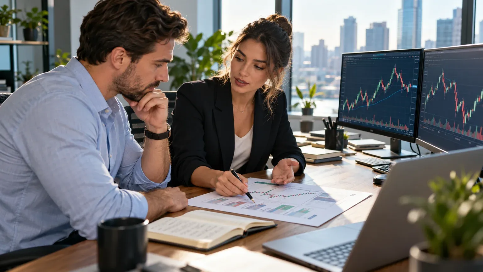 Illustration of two traders reviewing a written trading plan beside chart monitors