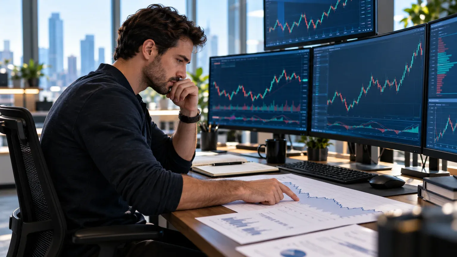Illustration of a trader comparing a printed equity curve with trading monitors