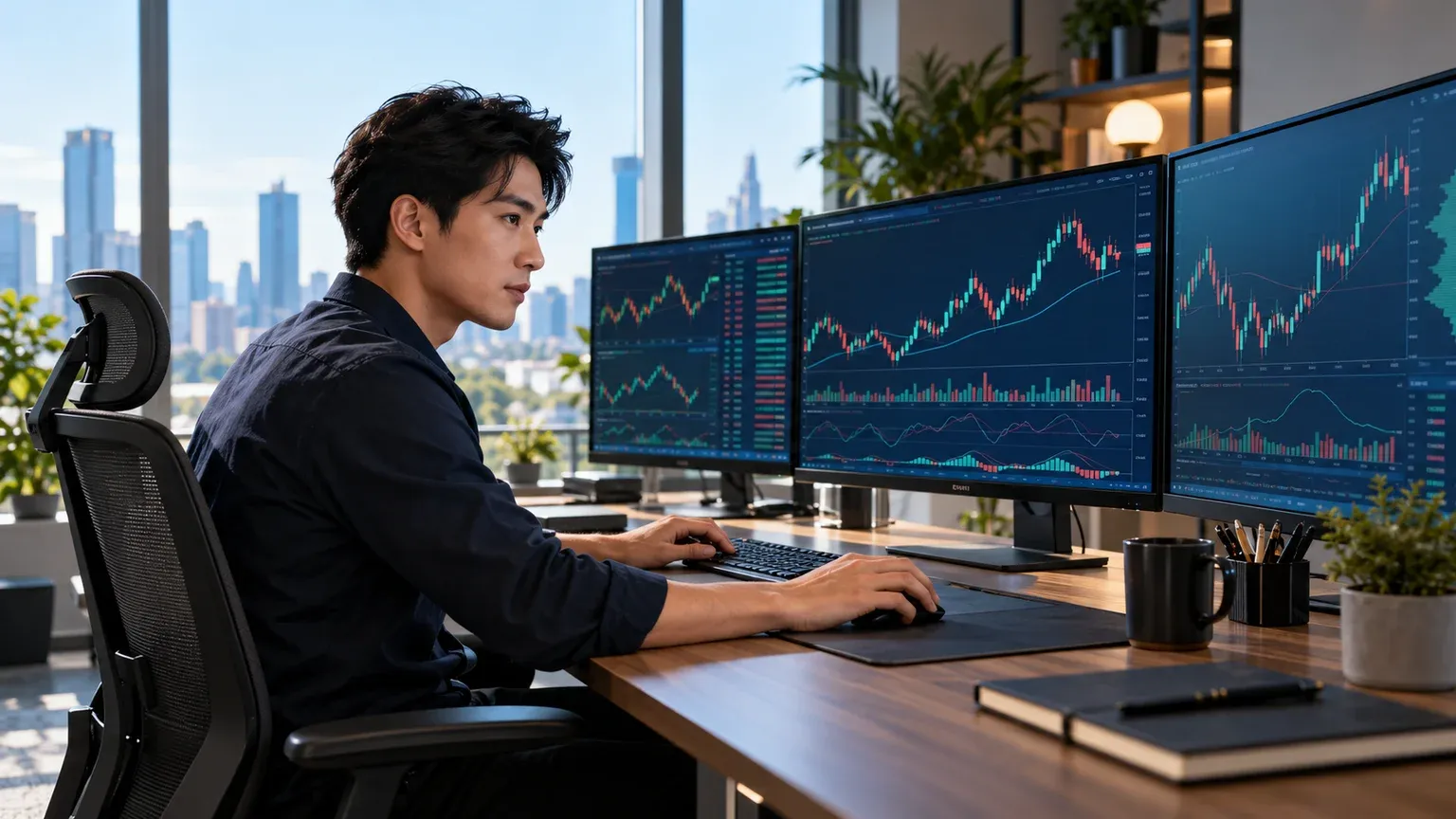 Illustration of a trader testing charting and order controls on a multi-monitor workstation