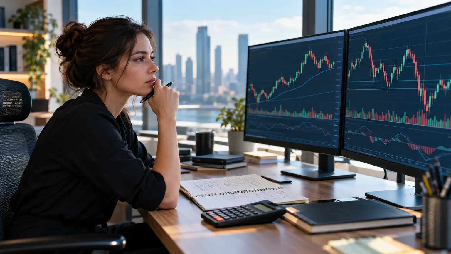 Illustration of a trader checking risk notes and trading charts at an office desk