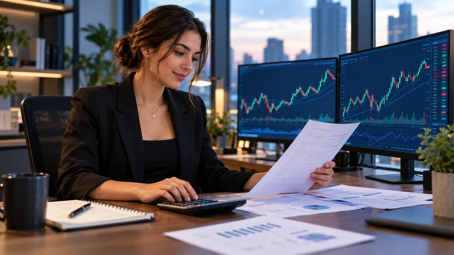 Illustration of a trader reviewing paperwork and a calculator beside trading monitors