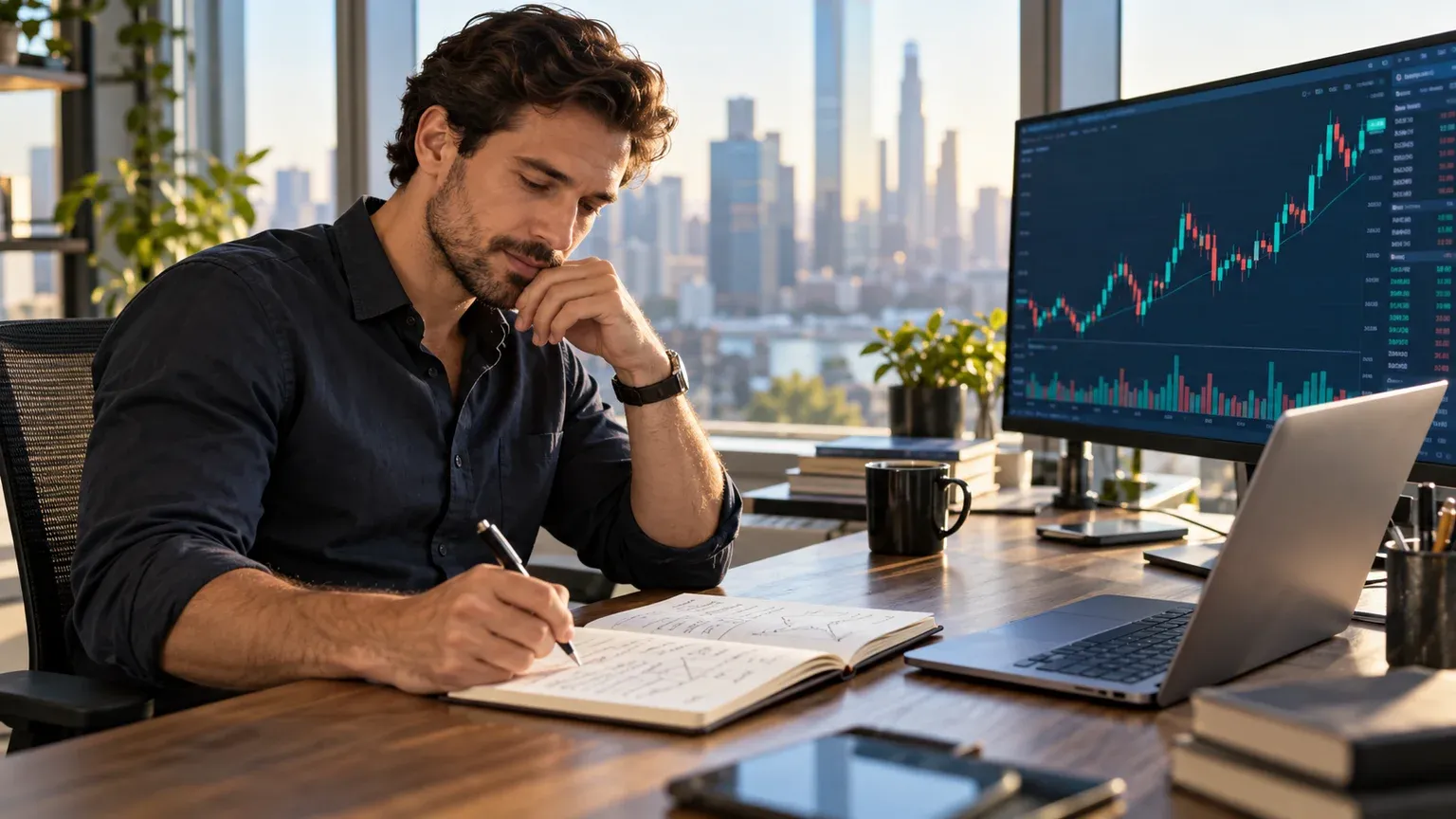 Illustration of a trader reviewing a handwritten journal beside a laptop and trading chart
